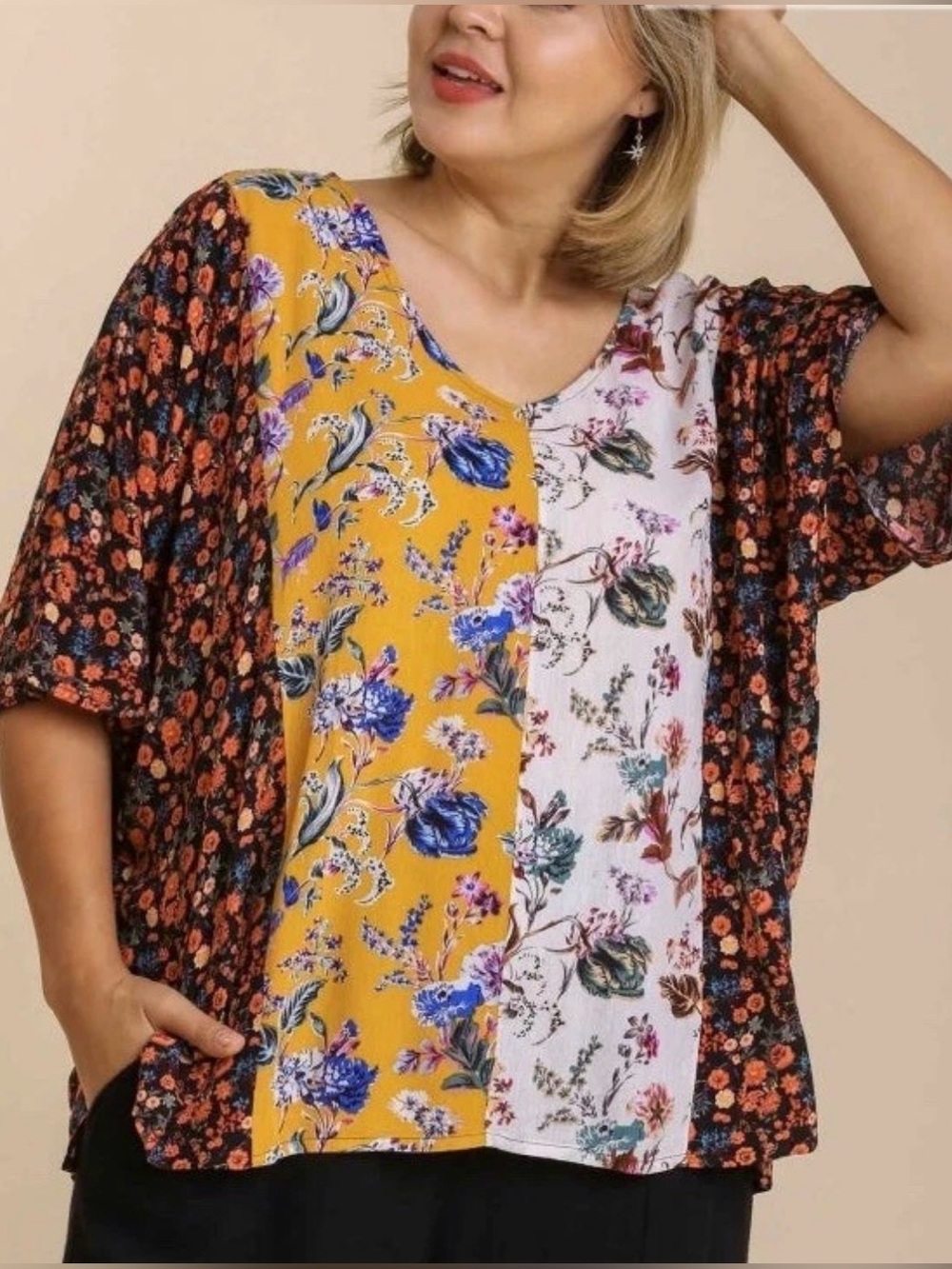 Umgee Boho Mixed Print Floral Top Blouse Patchwork Size Large Boutique